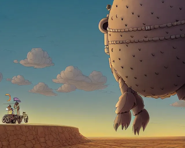 Image similar to a cell shaded cartoon giant grey lovecraftian mechanized ostrich from howl's moving castle ( 2 0 0 4 ), with a big head, on a desert road, wide shot, sunset, golden hour, muted colors, post grunge, josan gonzales, wlop, by james jean, victor ngai, hq, deviantart, art by artgem