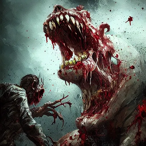 Image similar to of a men being eaten by zombie the man is screaming a bloody image by greg rutkowski