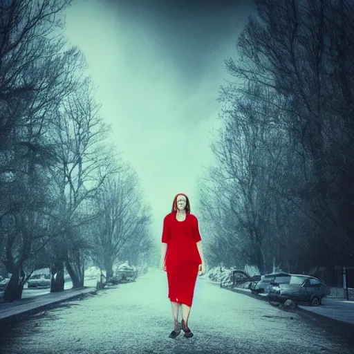 Prompt: woman in red apocalypse sky