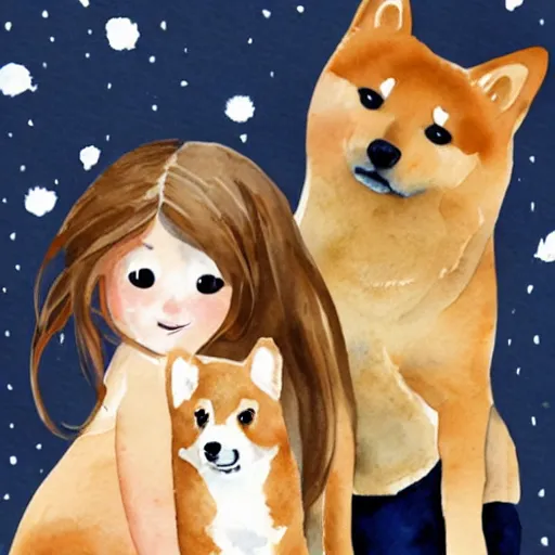 Image similar to a watercolor illustration of a girl with light brown hair, hazel eyes and freckles accompanied by a shiba inu