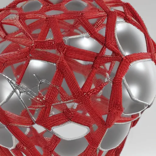 Prompt: chrome spheres on a red cube, macrame