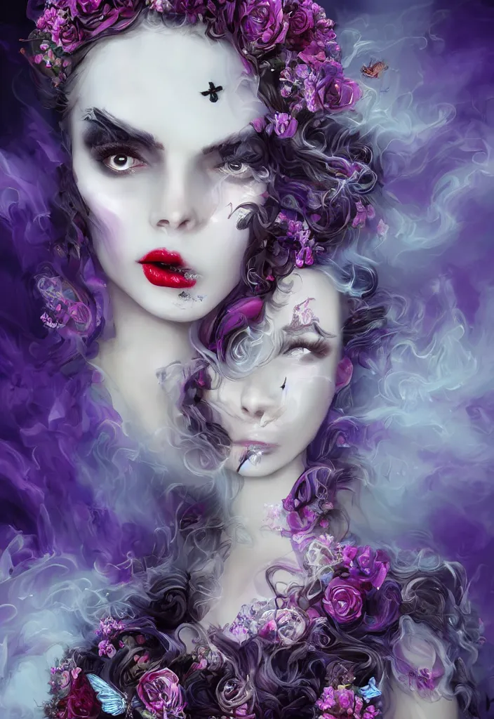 Prompt: surreal, beautiful, haunting young woman made out of smoke and clouds, ghost, red lips, purple butterfly over her eyes, apparition, in victorian aristocrat, detailed gorgeous face, flowing hair, vaporwave aesthetic, synthwave long luxurious gown made out of pearls, hair done up with flowers and ribbons, digital art, butterflies, birds, digital painting, artstation, concept art, smooth, sharp focus, illustration, art by artgerm and greg rutkowski and alphonse mucha