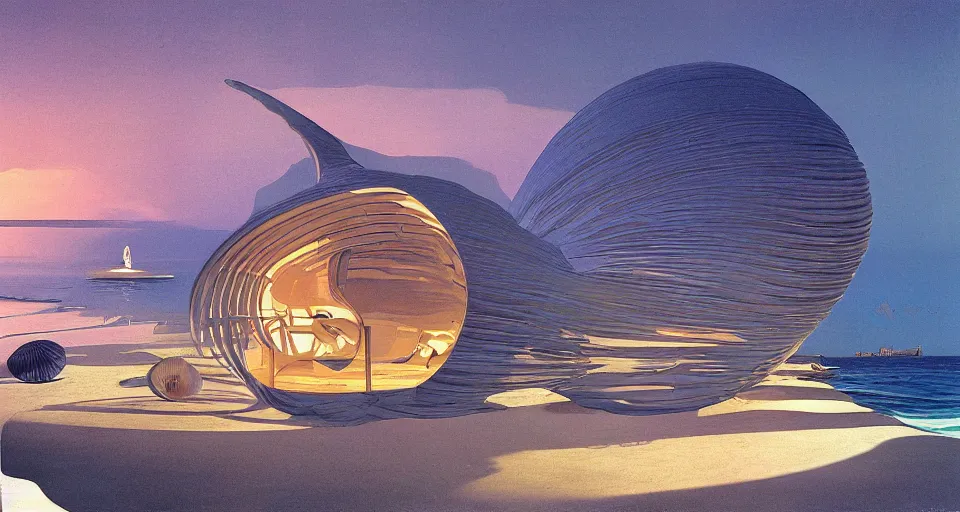 Prompt: nacre seashell house, atmospheric cinematography by syd mead