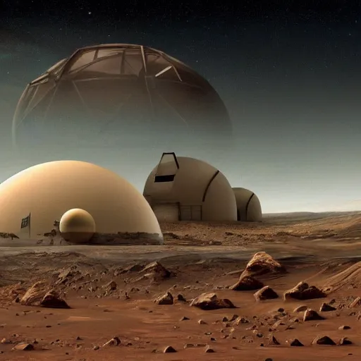 Image similar to A photorealistic image of the colonization of Mars, circa 2050, featuring large bio-domes filled with vegetation while the surface of Mars has many futuristic-looking buildings dotting the landscape, several people in space suits are outside