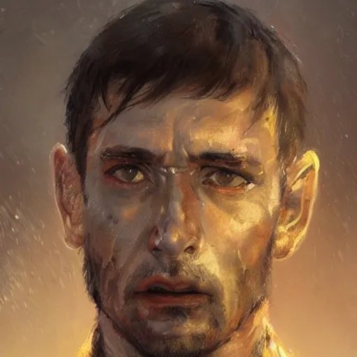 Image similar to Portrait of a man by Greg Rutkowski, he is about 40 years old, short black hair with bangs, his features are a mix between French, Turkish and Russian, expression of helplessness, sadness and resentment, he is wearing a futuristic tactical gear, highly detailed portrait, digital painting, artstation, concept art, smooth, sharp foccus ilustration, Artstation HQ.
