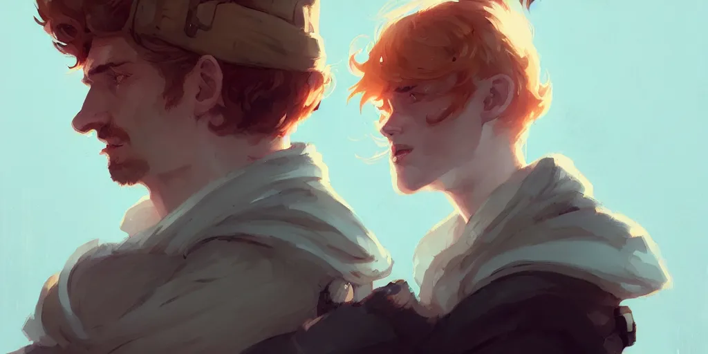 Image similar to portrait of cullen with a beautiful ginger woman he loves by atey ghailan, by greg rutkowski, by greg tocchini, by james gilleard, by joe fenton, by kaethe butcher, dynamic lighting, gradient light blue, brown, blonde cream and white color scheme, grunge aesthetic