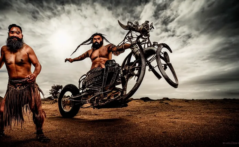 Prompt: old vintage full body photo of ancient maori warrior with full beard riding vintage punk engine with one wheel, extreme sports photography ,super high speed photography, dynamic photography,symmetrical face, clean face, muscular body, high speed,dirt and grawel in air, lens flares, dust partiles in the air, dramatic lighting, intricate, highly detailed, centered, smooth, sharp focus, sports photography, old photo, black and white, sepia, cinematic lighting, cinematic angle, national geographic