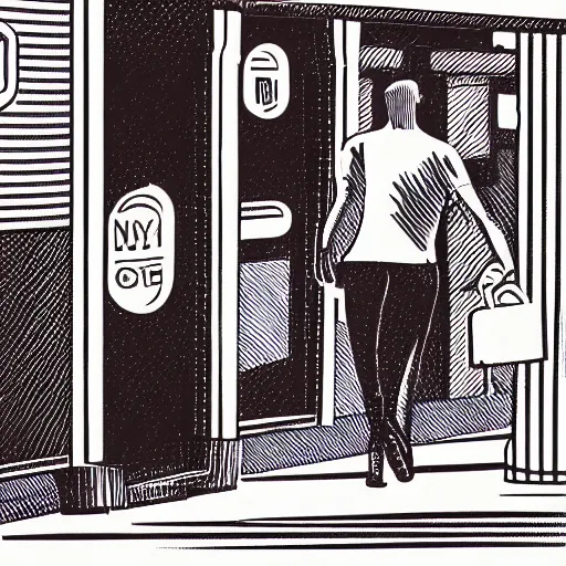 Image similar to a risograph print of a man walking into a New York City subway station