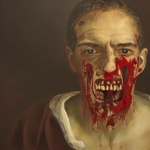 Prompt: a beautiful complex painting of the head view of a man with a bloody mouth looking at the camera