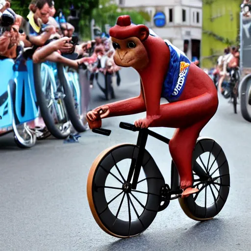 Image similar to futuristic monkey riding bike with donut wheels in the tour the france