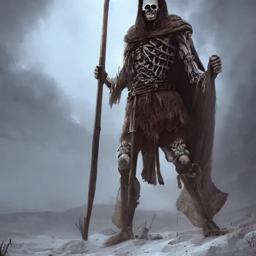 Image similar to an portrait of an skeleton wearing a viking robe and holding an axe, Matte painting , detailed painting, made by Greg Rutkowski, 4k resolution, atmospheric, extremely high detail