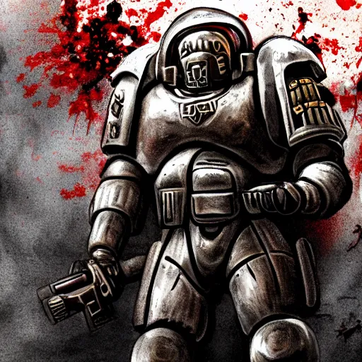 Image similar to heavy armor soldier wearing space marine like armor but in real life, walking in a river of blood full of human bloody dead bodies and human parts, shooting with his gun, explosions in background, painting style