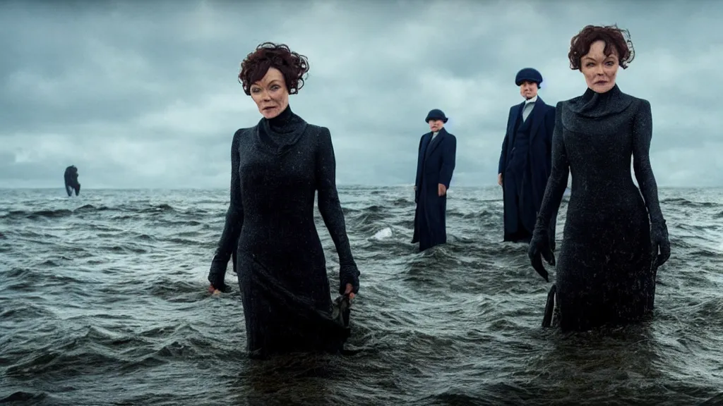 Image similar to photo of Helen McCrory coming out of the ocean, extreme detailed face, Peaky Blinders crew on the background, film still from the movie directed by Denis Villeneuve with art direction by Zdzisław Beksiński, wide lens