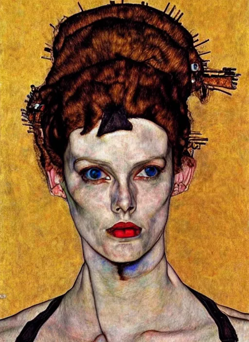 Prompt: extremely detailed, intricate photo realistic portrait beautiful female android, art by egon schiele,