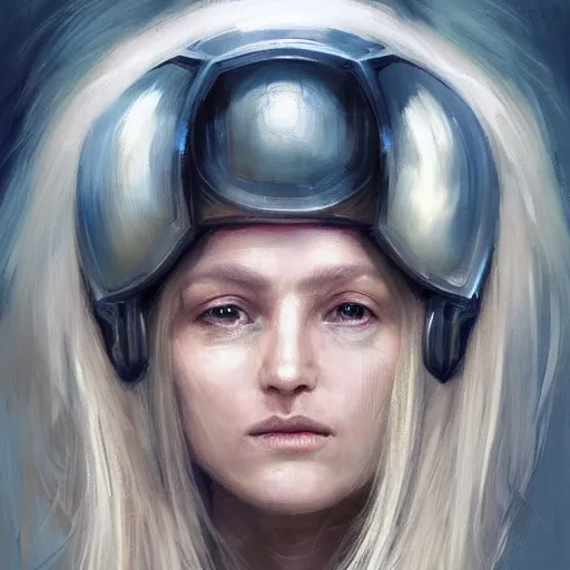 Image similar to portrait of a woman by greg rutkowski, she is about 3 0 years old, slavic, pretty, blond hair with two strans around her face, devastated expression, helplessness and denial, she is wearing a futuristic space gear, highly detailed portrait, digital painting, artstation, concept art, smooth, sharp foccus ilustration, artstation hq.