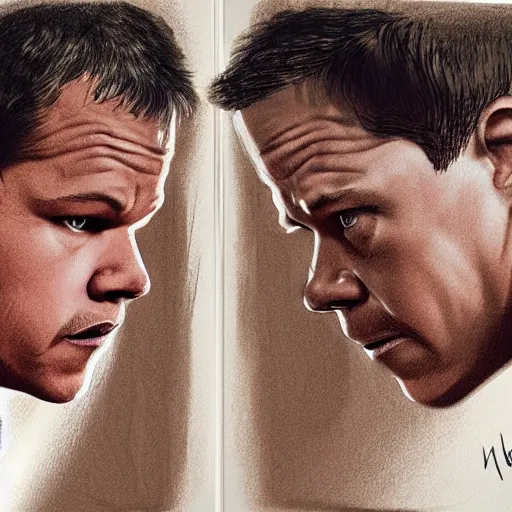 Image similar to Matt Damon and Mark Wahlberg looking at each other confused in the mirror, artstation, concept art, smooth, sharp focus, illustration