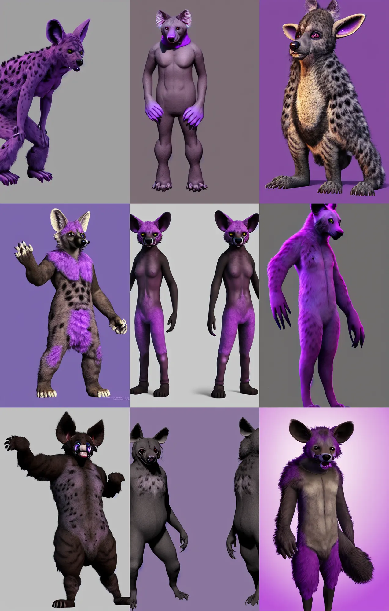 Image similar to a full - body centered front - perspective furry male fursona portrait, a male hyena fursona, purple and black fur color scheme, trending on weasyl, painted in zbrush, high - resolution, photorealistic