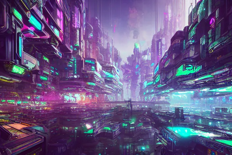 Image similar to a psychedelic cyberpunk city at the edge of existence where intensely creative astral beings live, in the style of wlop, illustration, epic, fantasy, hyper detailed, smooth, unreal engine, sharp focus, ray tracing