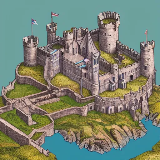 Image similar to an isometric view of medieval castle in the middle of england, illustration, art, hyper detailed