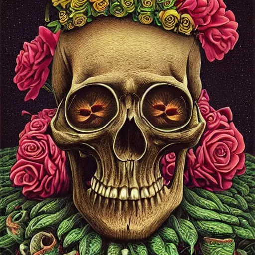 Prompt: old skull in a flower crown by Jacek Yerka
