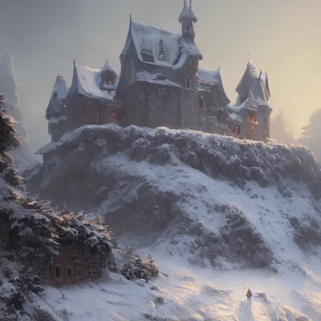 Prompt: a painting of a castle in the middle of a snowy mountain, a detailed matte painting by andreas rocha and greg rutkowski, midnight, featured on artstation, fantasy art, matte drawing, matte painting, artstation hq