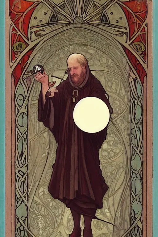 Image similar to medieval bishop holding a pokeball, mucha, art nouveau, bouguereau