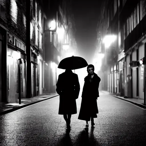 Image similar to A dramatic portrait of a couple wearing yellow rain coat , holding red umbrella , walking in a black and white street . Cinematic lighting