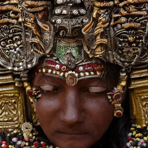 Image similar to a woman wearing an armor and head - dress. the armor and head - dress is made out of the colors, textures and sculptures of the meenakshi temple in madurai. intricate. detailed.