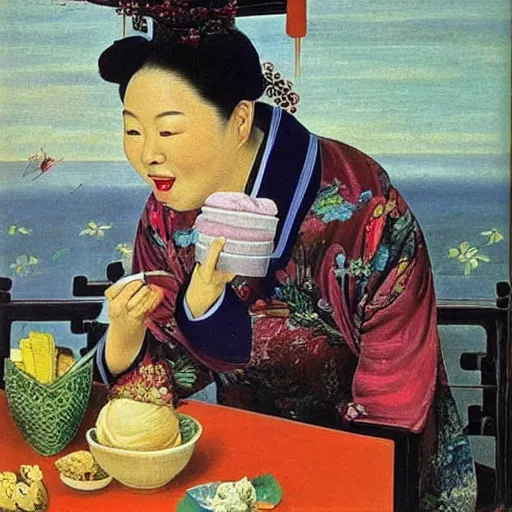 Image similar to happy chinese woman eating icecream in a painting by max ernst