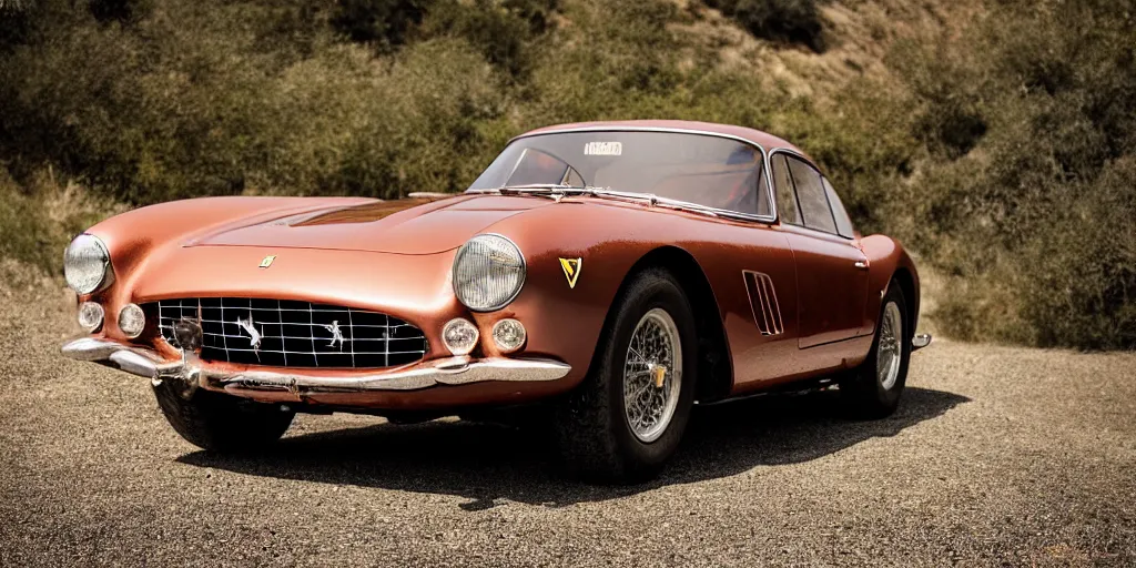 Image similar to photograph, 1958 FERRARI 250 GT, copper paint, by Peter Singhof, press release, cinematic, malibu canyon, 8k, depth of field, bokeh. rule of thirds