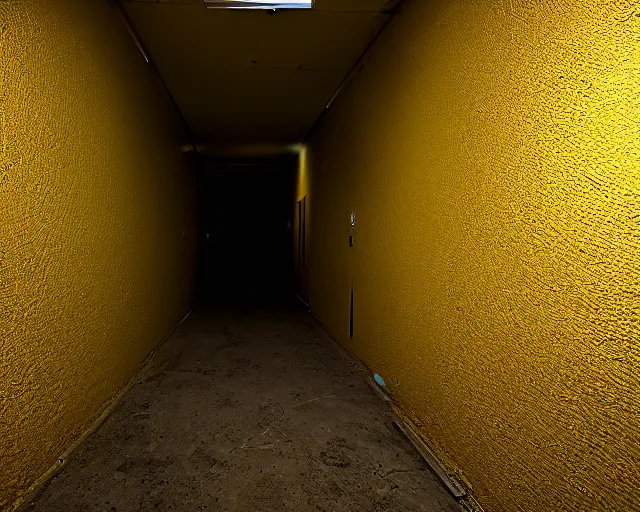 Prompt: an empty partially dark liminal space hallway that looks like the backrooms, photograph, horror, yellow lighting