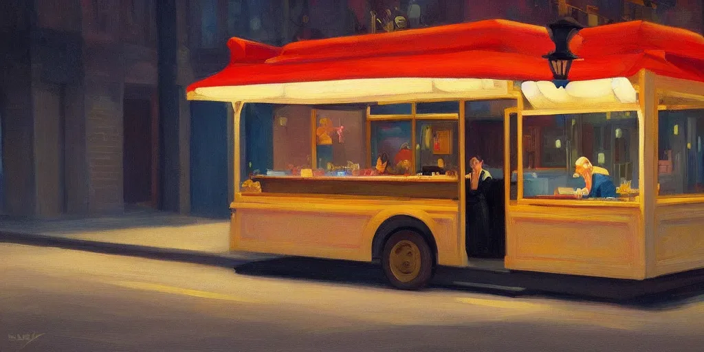 Prompt: a storybook illustration of a lone foodtruck glowing from inside, quiet dark night scene like Edward Hopper masterpiece, intricate, elegant, fantasy, highly detailed, digital painting, concept art, sharp focus, artstation