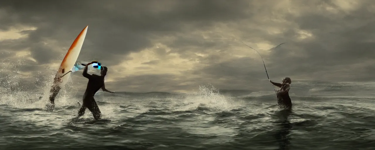 Image similar to cinematic rendering of a man standing stiff on a surfboard while he fishes aggressively with a long fishing pole to reel in something underwater only revealed by a large brutish shark fin