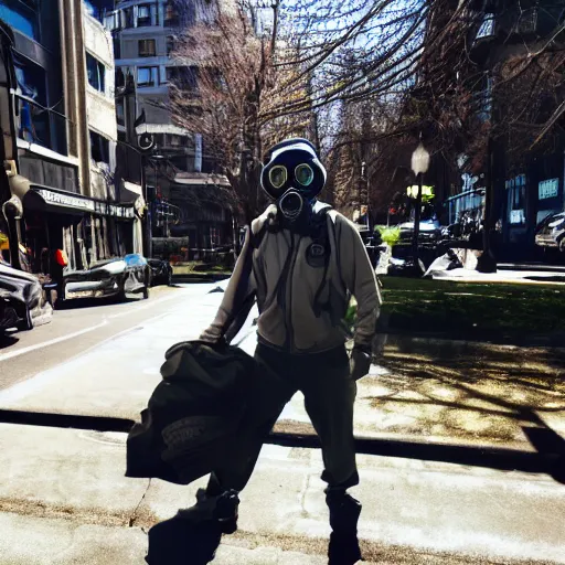 Image similar to man in a gasmask screaming walking down the streets of seattle, sunlight, sunny day, full shot