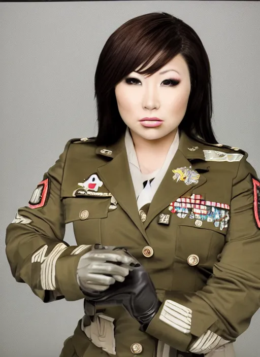 Prompt: portrait of hitomi tanaka wearing a military uniform, backround : army base with soldiers training nearby, by charlotte grimm, studio light, detailed face, canon eos c 3 0 0, ƒ 1. 8, 3 5 mm, 8 k, medium - format print, half body shot