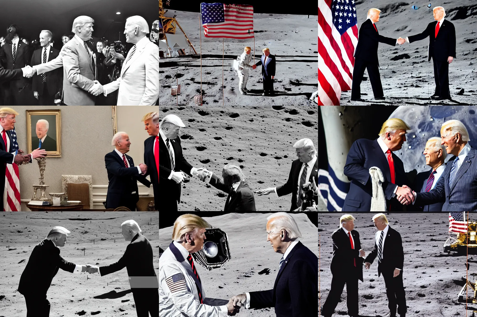 Prompt: lens camera photo cinematic portrait donald trump shaking hands with joe biden on the moon, award winning