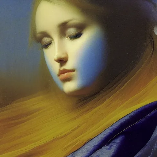 Image similar to a young woman's face in flowing sheets of cobalt blue gold chrome silver satin, by ivan aivazovsky syd mead moebius roger dean donato giancola michael whelan yoshitaka amano jan de heem pieter claesz paul delaroche alma tadema aelbert cuyp willem claesz isaac levitan, hyperrealistic volumetric light render