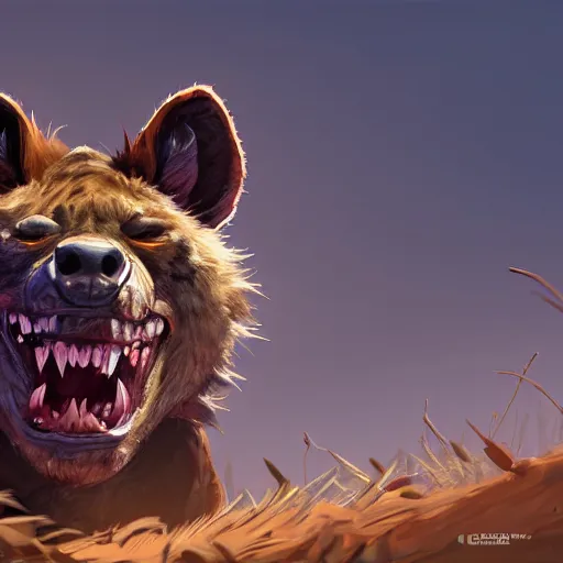 Image similar to upper body illustration of a gnoll, hyena face, aggressive and rabid look, mattepainting concept blizzard pixar maya engine on stylized background splash comics global illumination lighting artstation, sharp focus, lois van baarle, ilya kuvshinov, rossdraws