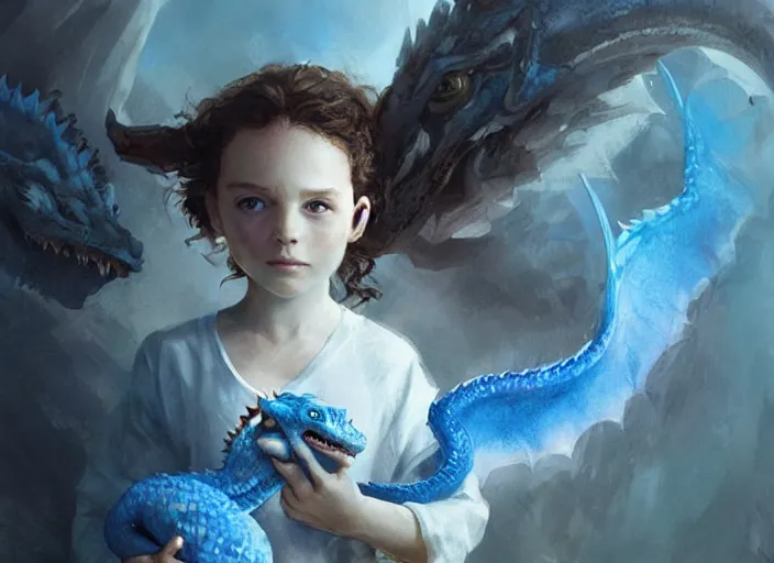 Prompt: a cute little girl with curly brown hair and blue eyes holding a blue baby dragon, beautiful fantasy art by greg rutkowski.