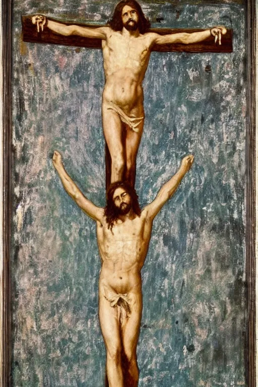 Image similar to jesus christ crucified painted by cy twombly and andy warhol