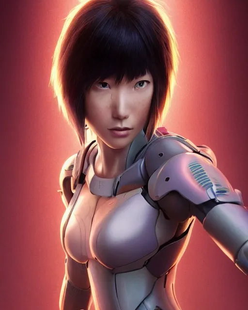 Image similar to weta disney pixar movie still portrait photo of motoko kusanagi ghost in the shell : : as cyborg woman by pixar : : by weta, wlop, ilya kuvshinov, rossdraws, artgerm, marvel, maxim cover, latex, octane render, sweaty, iridescent, bright morning, anime, liosh, mucha : :