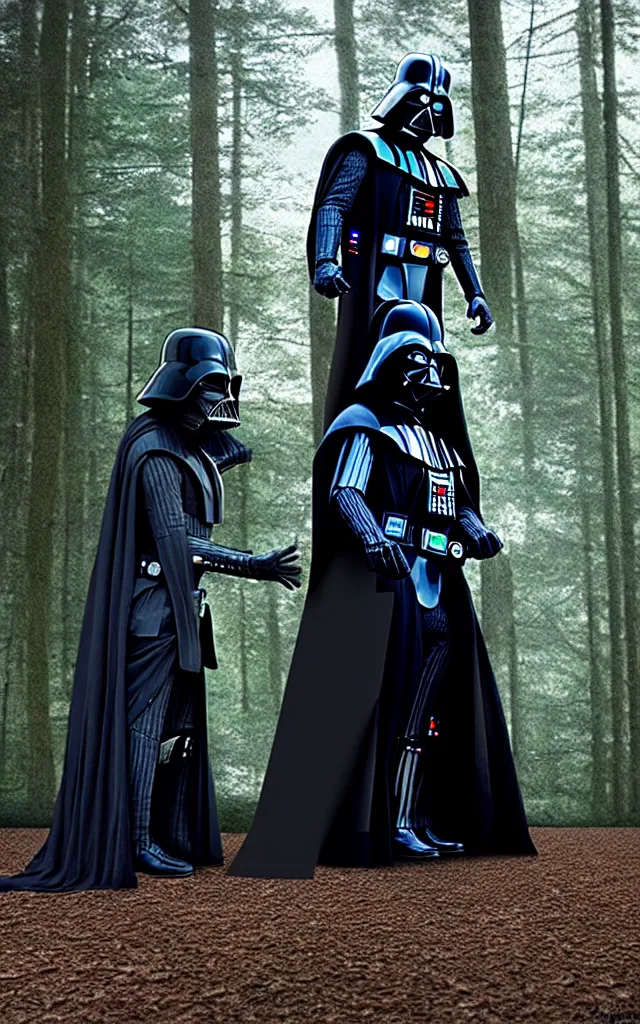 Image similar to darth vader anb bella from twillight staying together in front of, on the background star destroyer landed on the wood ground in the twilight saga movie, shot from the twillight movie