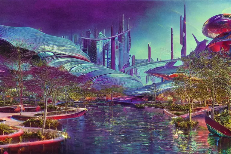 Image similar to oil painting, super - detailed scene of utopian floating zaha hadid city, cyberpunk garden, solarpunk, bioluminescent cyber - garden, japanese sci - fi books art, artwork by jean giraud, hd, 4 k, high quality