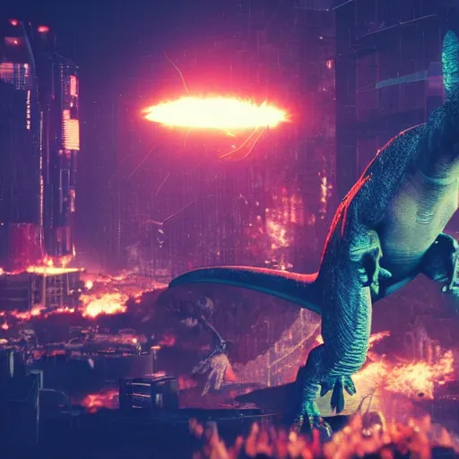 Prompt: a teradactyl dinosaur shooting lasers from is eyes flying over a destroyed city cyberpunk, fantasy, 4 k, octane render