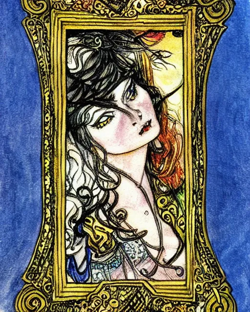 Image similar to tarot card, very detailed painting, illustration, colorful, tarot card ornate frame with roman numerals, in style of Arthur Rackham