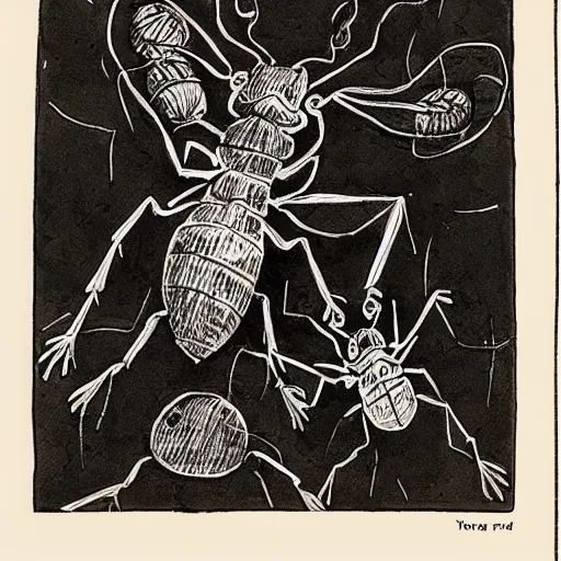 Image similar to man made of ants, ink on paper, pulp magazine