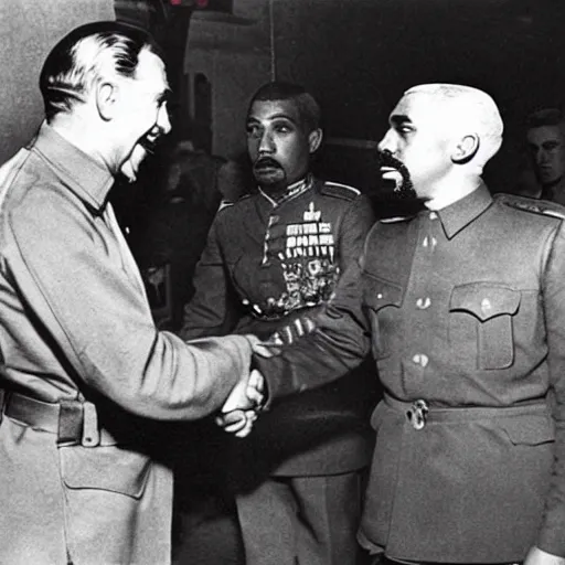 Image similar to an old world war 2 photograph of stalin shaking hands with kanye west