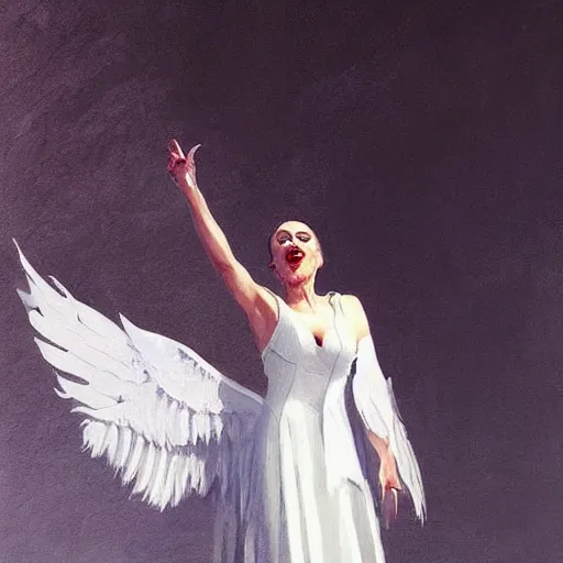 Prompt: Painting by Greg Rutkowski, an opera singer in a white dress with wings on stage