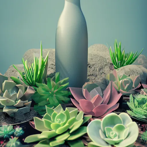 Image similar to Octane render of a cosmic bottle filled with succulents floating in space