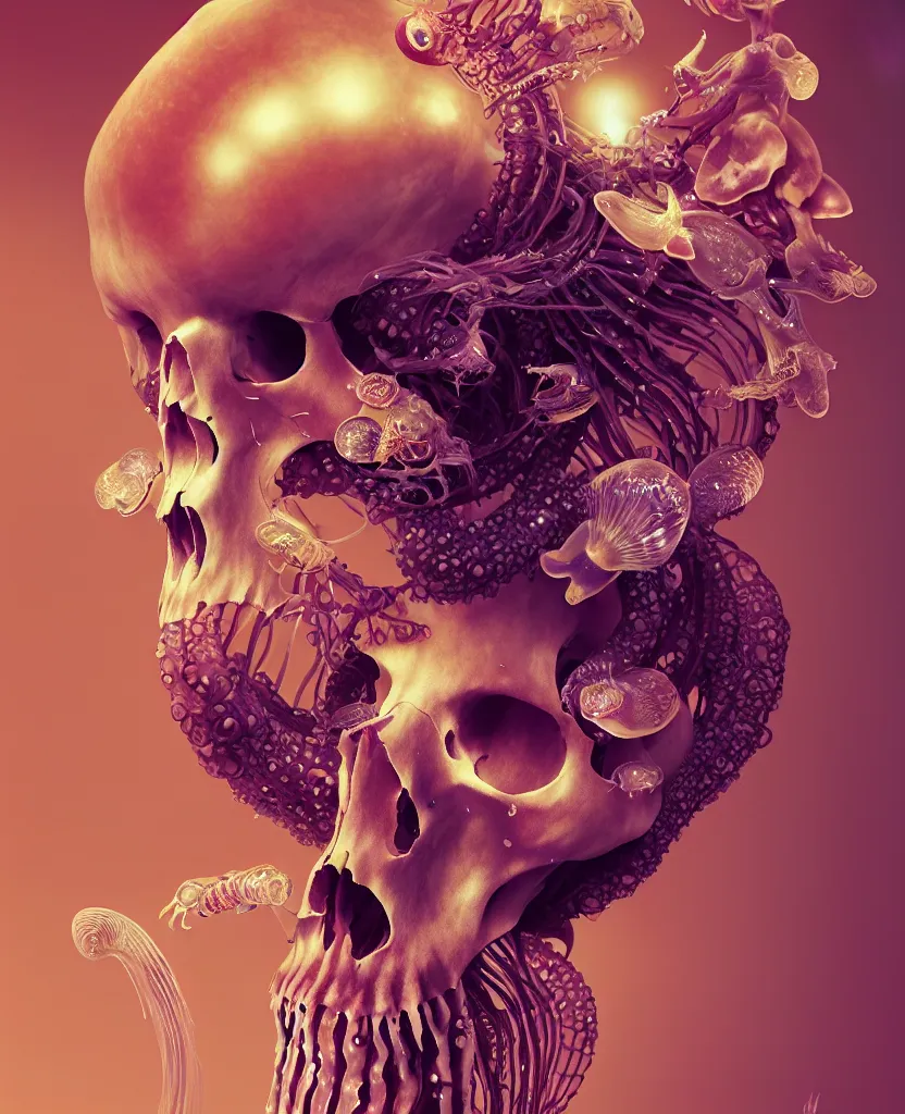 Image similar to goddess close-up portrait animal skull. jellyfish phoenix head, nautilus, orchid, skull, betta fish, bioluminiscent creatures, intricate artwork by Tooth Wu and wlop and beeple. octane render, trending on artstation, greg rutkowski very coherent symmetrical artwork. cinematic, hyper realism, high detail, octane render, 8k